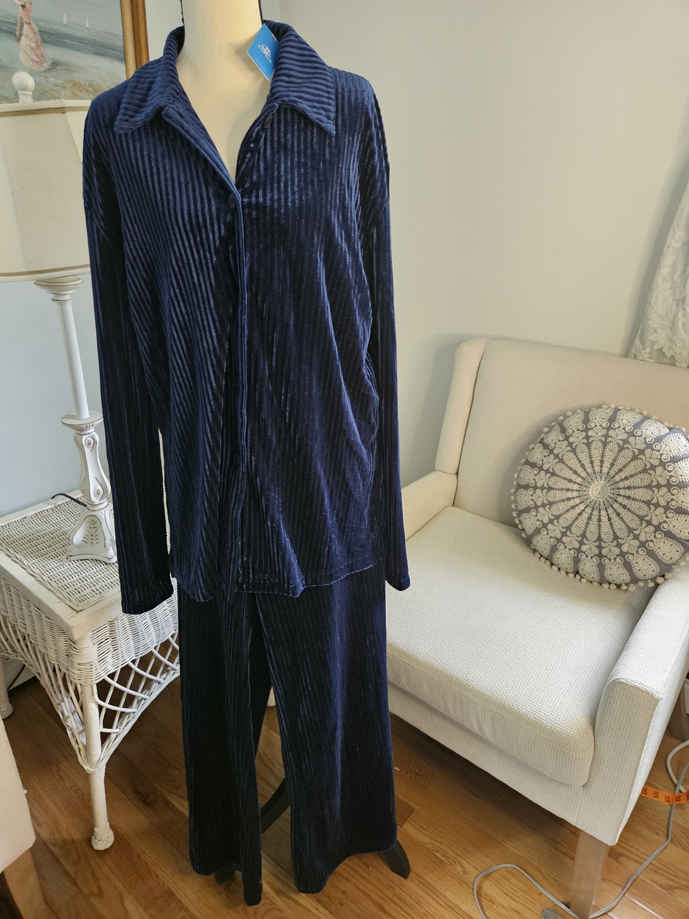 Cupshe Deep Navy Velvet Ribbed Pajama Set #142-143